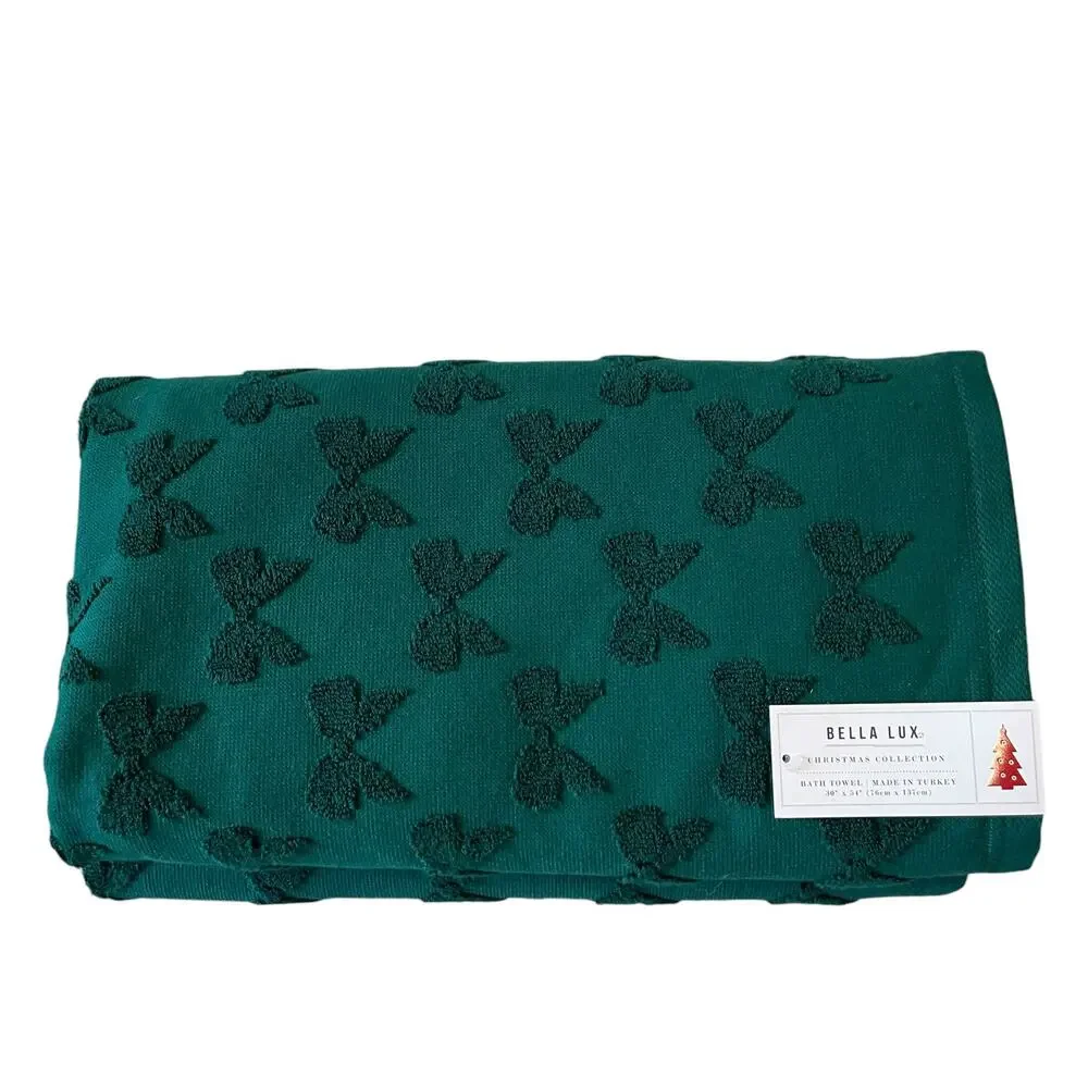 Bella Lux Christmas Bows Bath Towel Set of 2 Chic Holiday Green Bathroom Decor